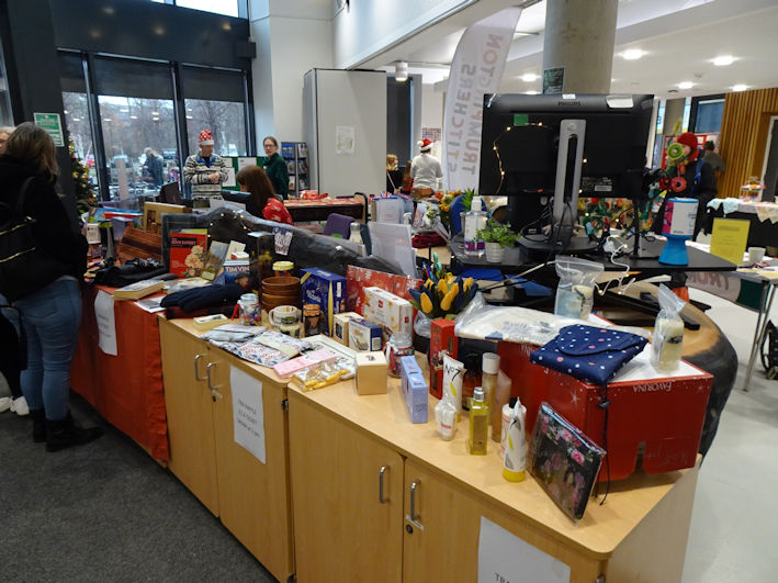 TRA tombola stall, Clay Farm Centre Christmas Fair. Photo: Andrew Roberts, 9 December 2023.