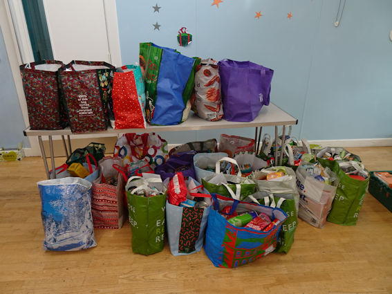 Food parcels at the Christmas Food Hub. Photo: Andrew Roberts, 22 December 2023.
