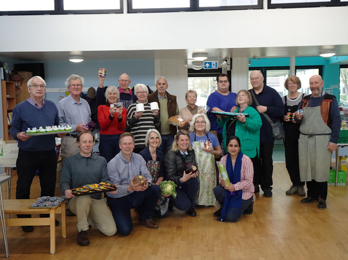 The last day of the organisation of Trumpington Food Hub by the Trumpington Residents’ Association: the team of volunteers. Photo: Wendy Roberts, 28 March 2024.