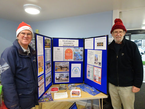 Andrew Roberts and Howard Slatter with the TRA/TLHG display at the Trumpington Pavilion Christmas Fair. Photo: Andrew Roberts, 4 December 2022.