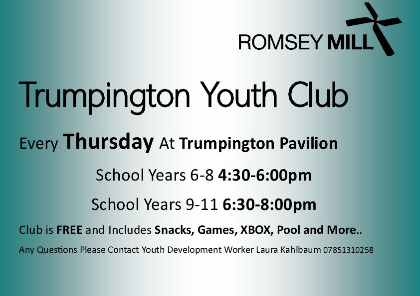 Trumpington Youth Club, Thursdays, Trumpington Pavilion.